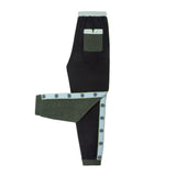 side view product photo of apres ski pants with one leg folded up. Also shows contrast light blue and green pocket
