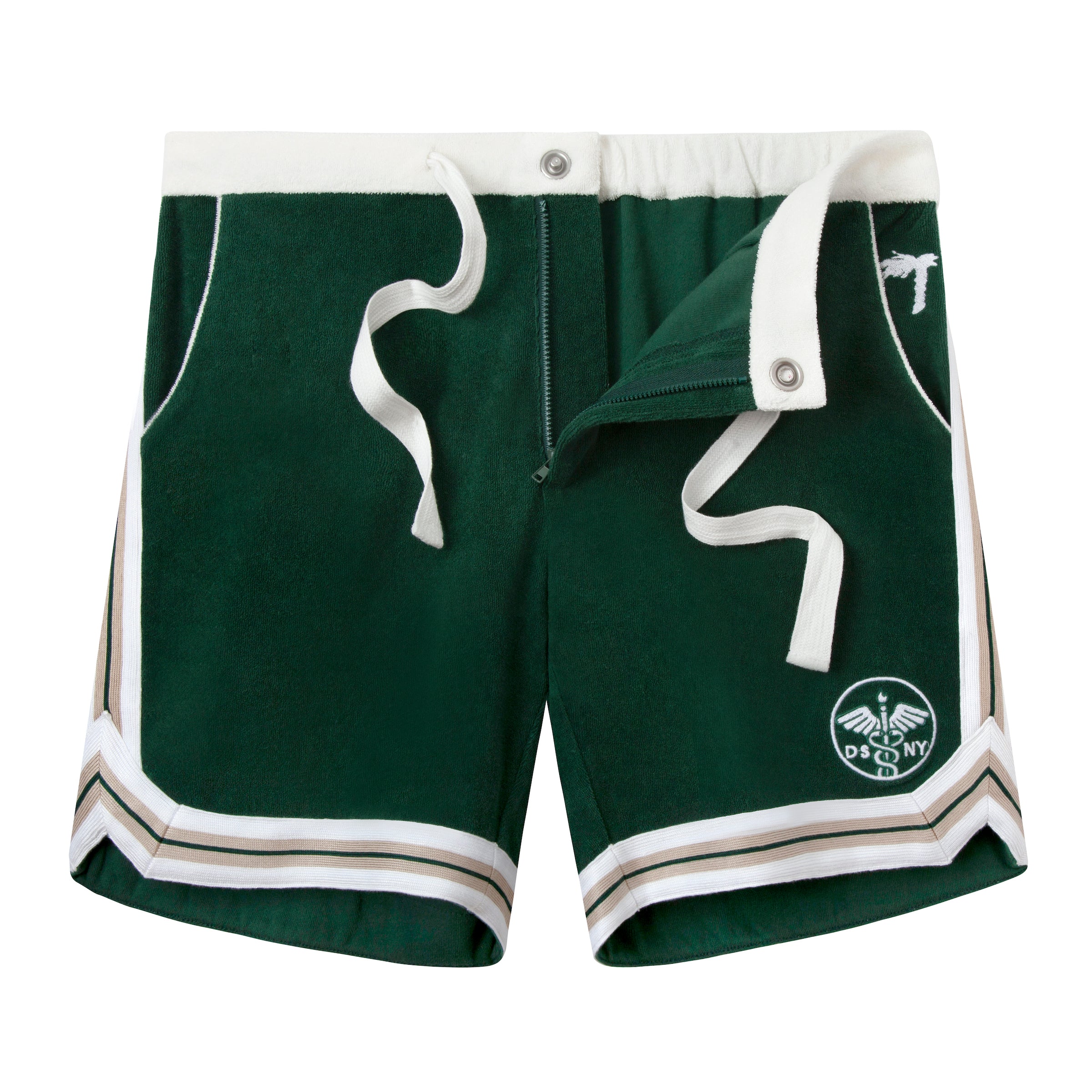 Unbuttoned and untied DSNY shorts with white drawstrings and DSNY logo