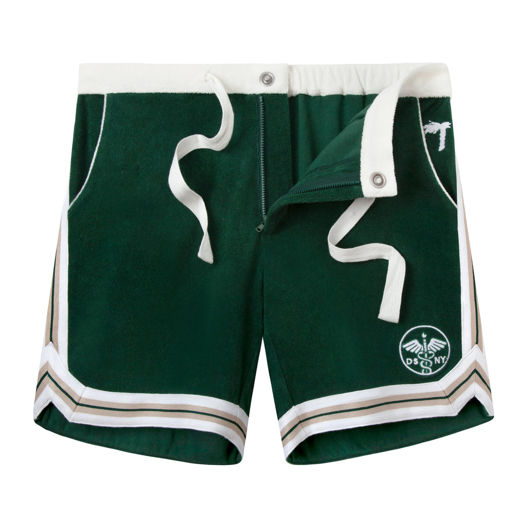 Unbuttoned and untied DSNY shorts with white drawstrings and DSNY logo