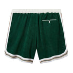 Back of terry cloth shorts with white piping V slit pocket