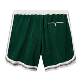 Back of terry cloth shorts with white piping V slit pocket