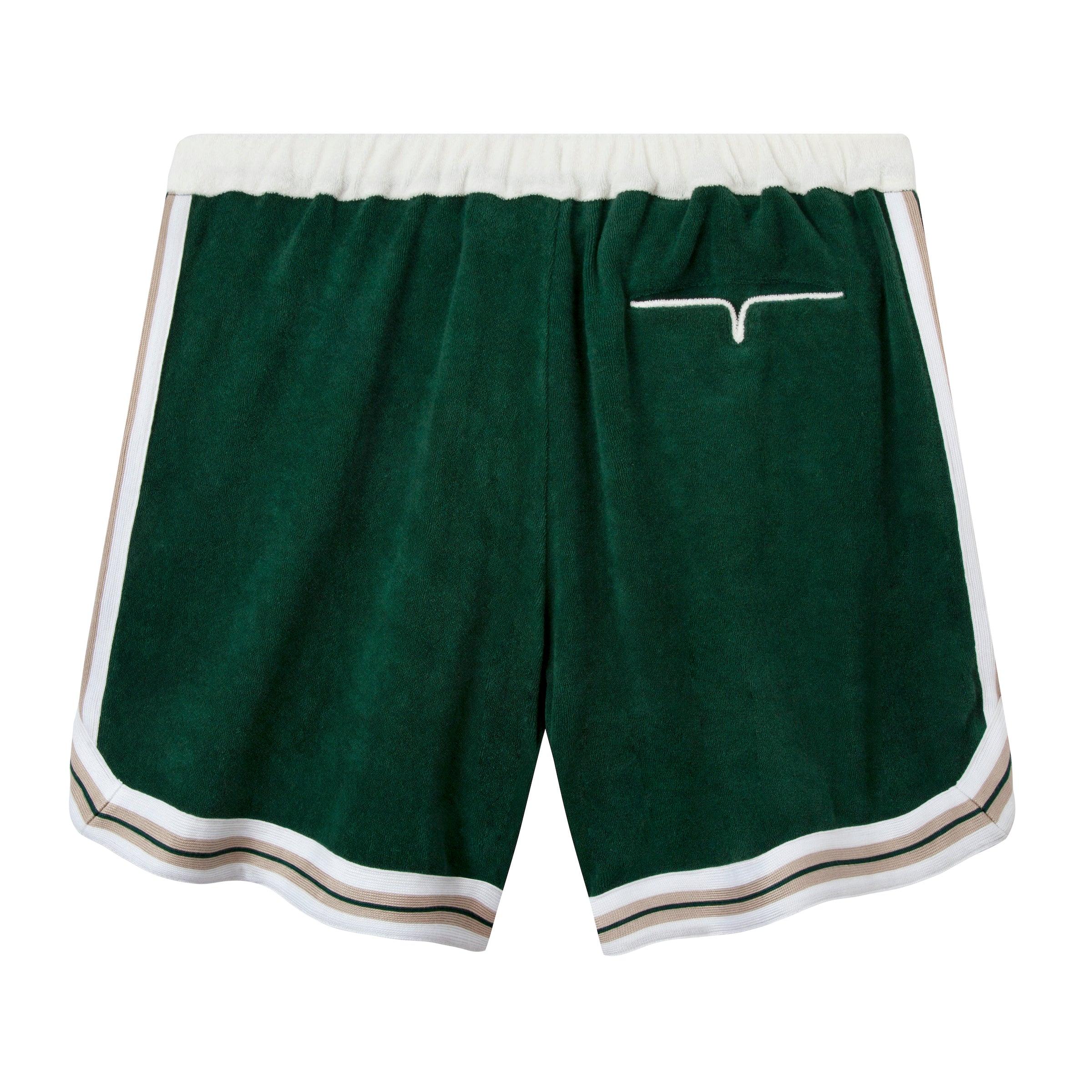 Back of terry cloth shorts with white piping V slit pocket