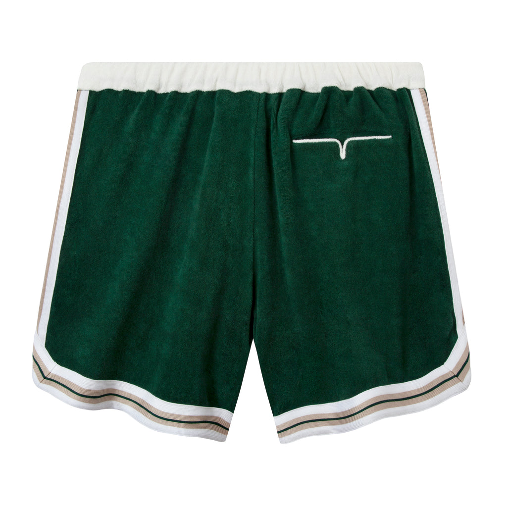 Back of terry cloth shorts with white piping V slit pocket