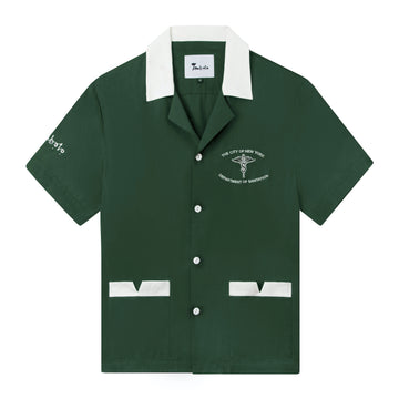 Front view of the DSNY x Tombolo forest green and white hawaiian style shirt