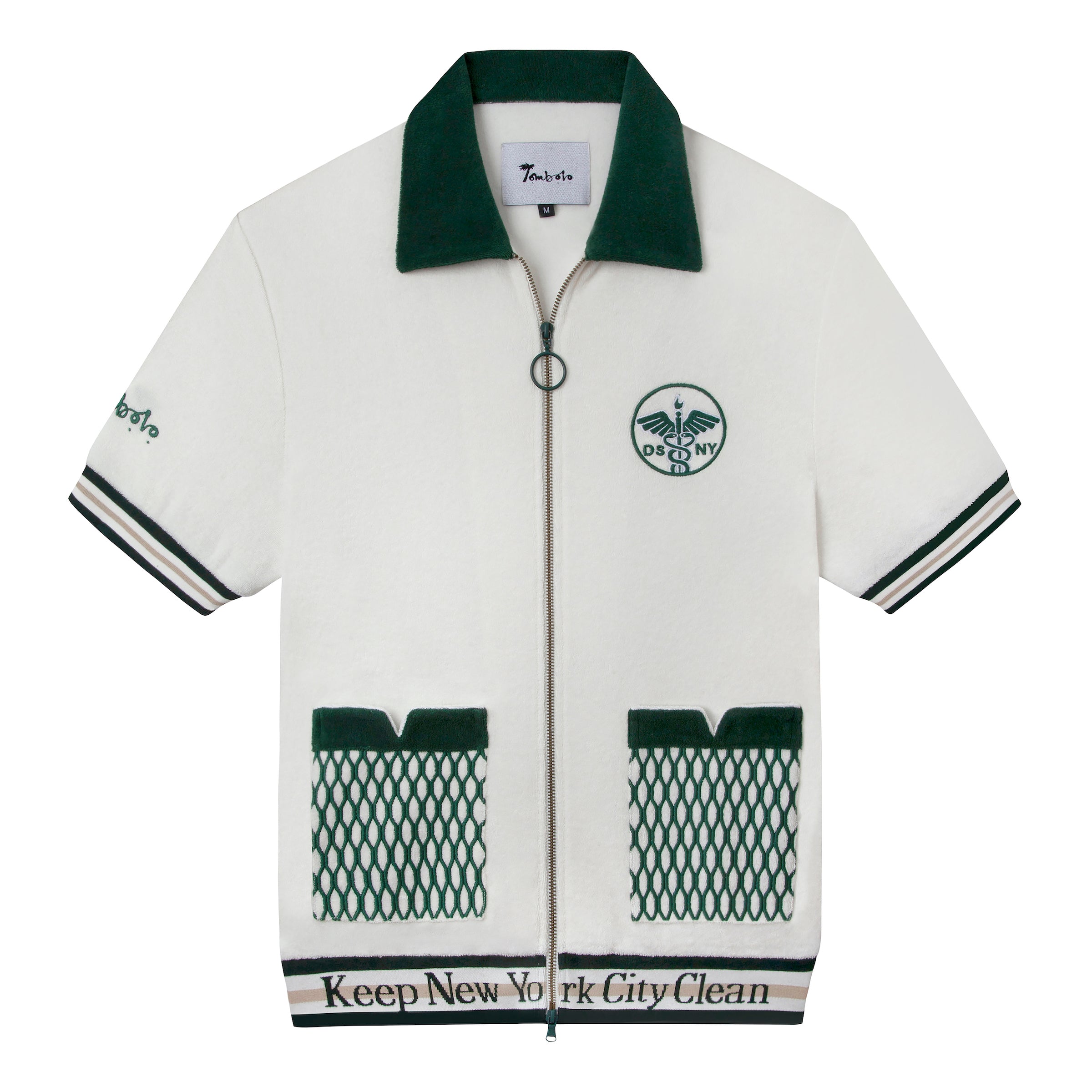 Front lay flat view of DSNY x Tombolo cabana with forest green accents on a mostly white shirt