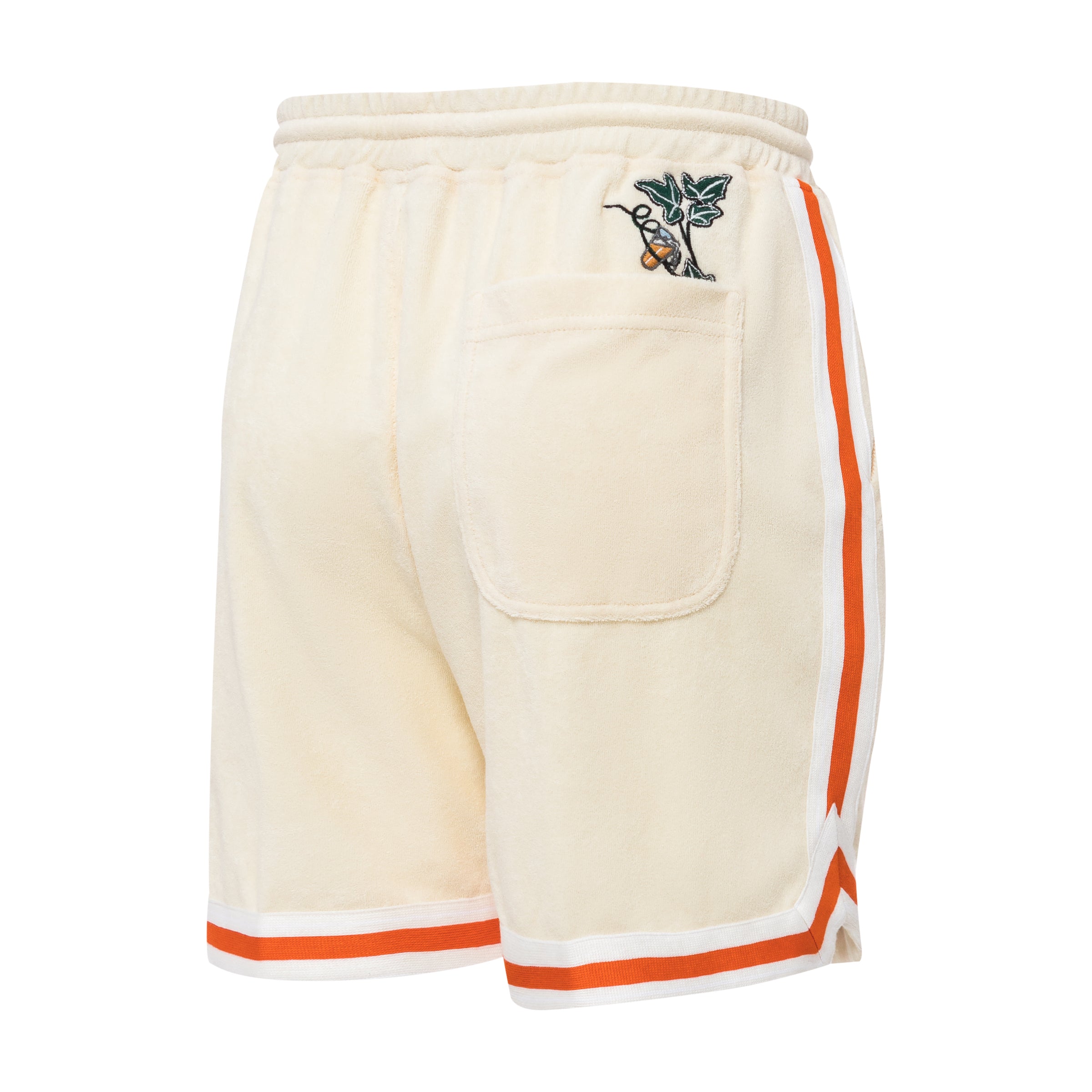 a left back side view of the shorts, once again showing the vine and beer peeking out of the pocket
