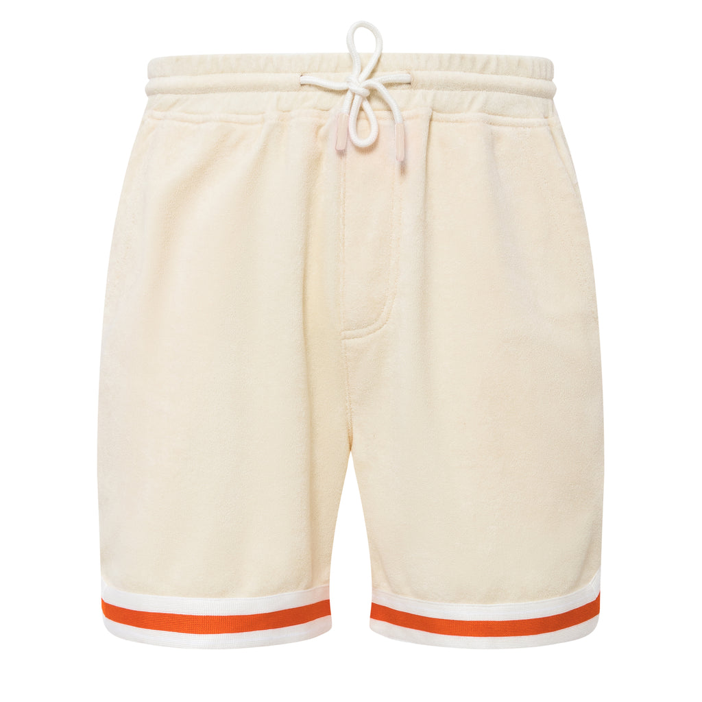 Another front view of the shorts with striping at the leg openings