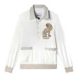 Lay flat product photo of sun leopard cabana depicting gray contrasts and appliqued leopard on upper right chest