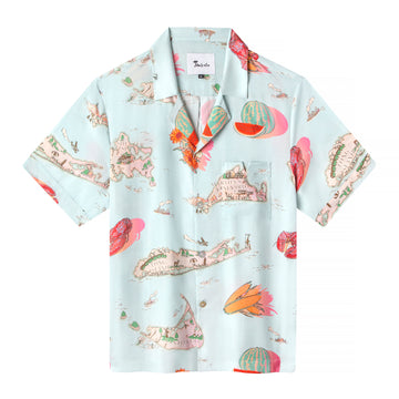 Light blue Hawaiian style button up featuring a print of northeastern islands, watermelons, corn, and lobsters