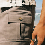 cose up of shorts and model's hand with ring