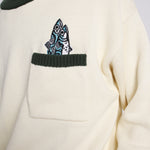 Close up on the pocket with two fish peeking out