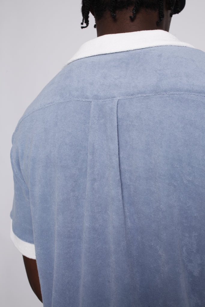 back view of cabana, all light blue, showing box panel draping