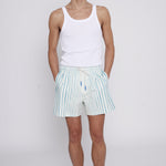 Male model with hands in pockets wearing trunks with a white tank