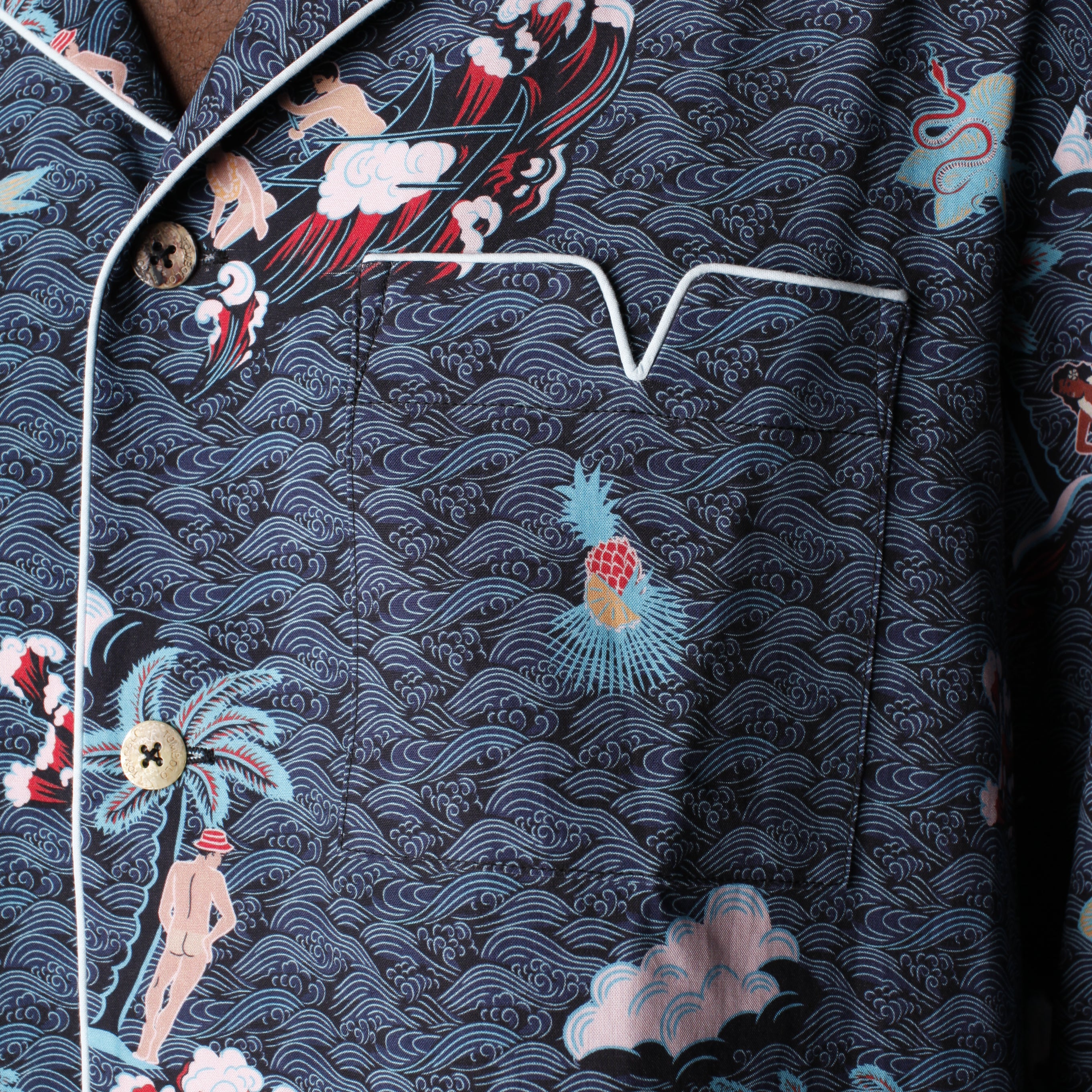 close up view of pocket with light blue piping