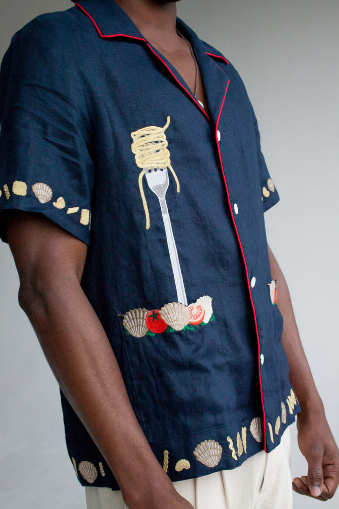 Close up of left side of shirt on a male model in a studio