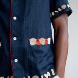 Close up of right side of shirt on a male model in a studio