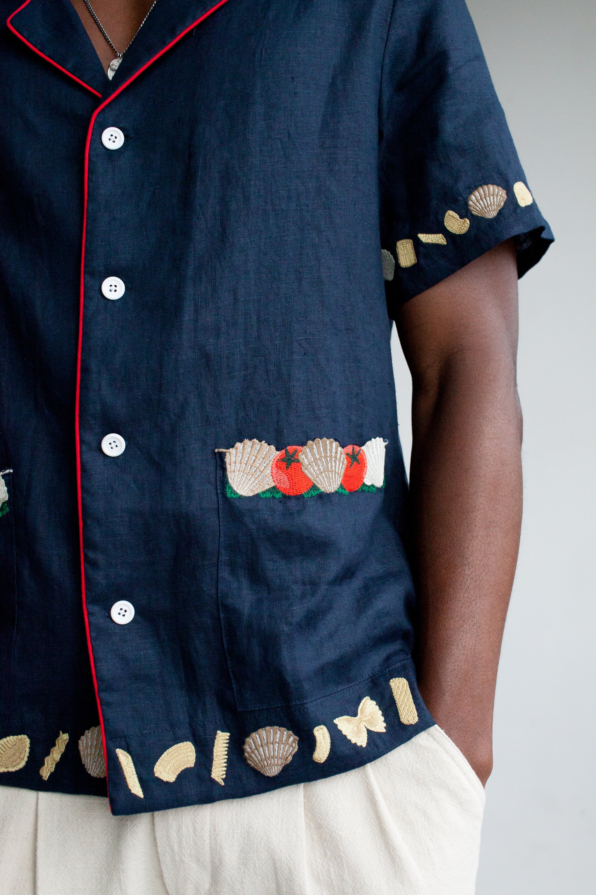 Close up of right side of shirt on a male model in a studio