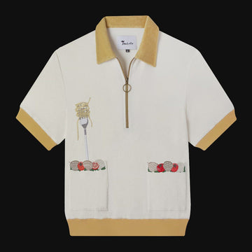 Dine al fresco in a Terry cloth shirt with all the ingredients you need for spaghetti alle vongole, part of a matching set with 'Vongole' Cabana Shorts. featuring an embroidered fork with pasta and edge embroidered pockets with classic ingredients