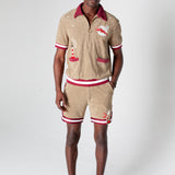 organic cotton terry cloth with embroidered lighthouse and lobster motifs in a matching set