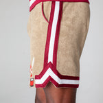 side view of male model wearing shorts showing jersey stripe