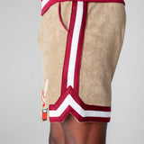 side view of male model wearing shorts showing jersey stripe