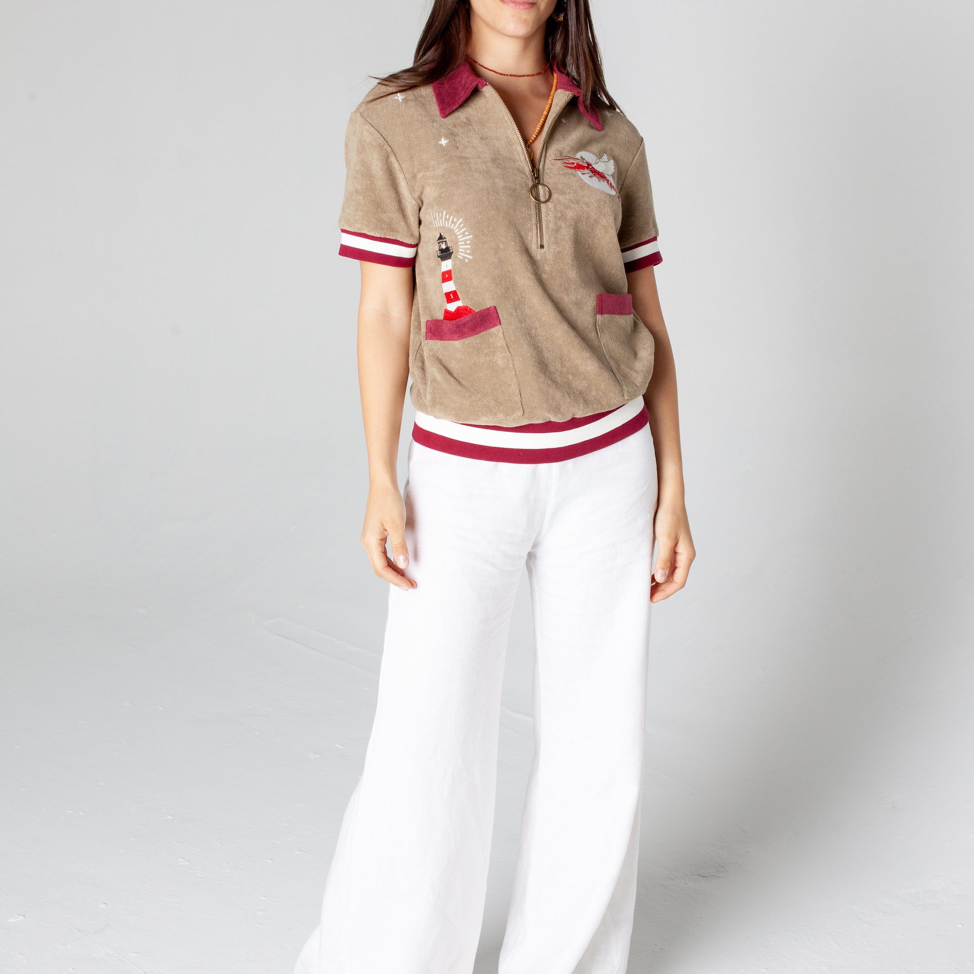 Tombolo unisex organic cotton terry cloth caban shirt with embroidered lighthouse and lobster perfect for seaside escape