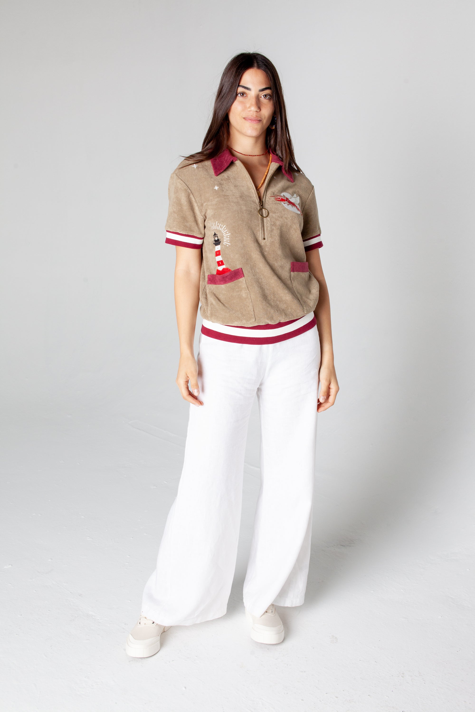 Tombolo unisex organic cotton terry cloth caban shirt with embroidered lighthouse and lobster perfect for seaside escape