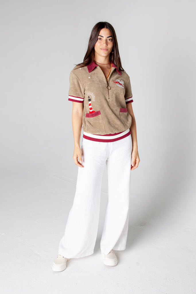 Tombolo unisex organic cotton terry cloth caban shirt with embroidered lighthouse and lobster perfect for seaside escape