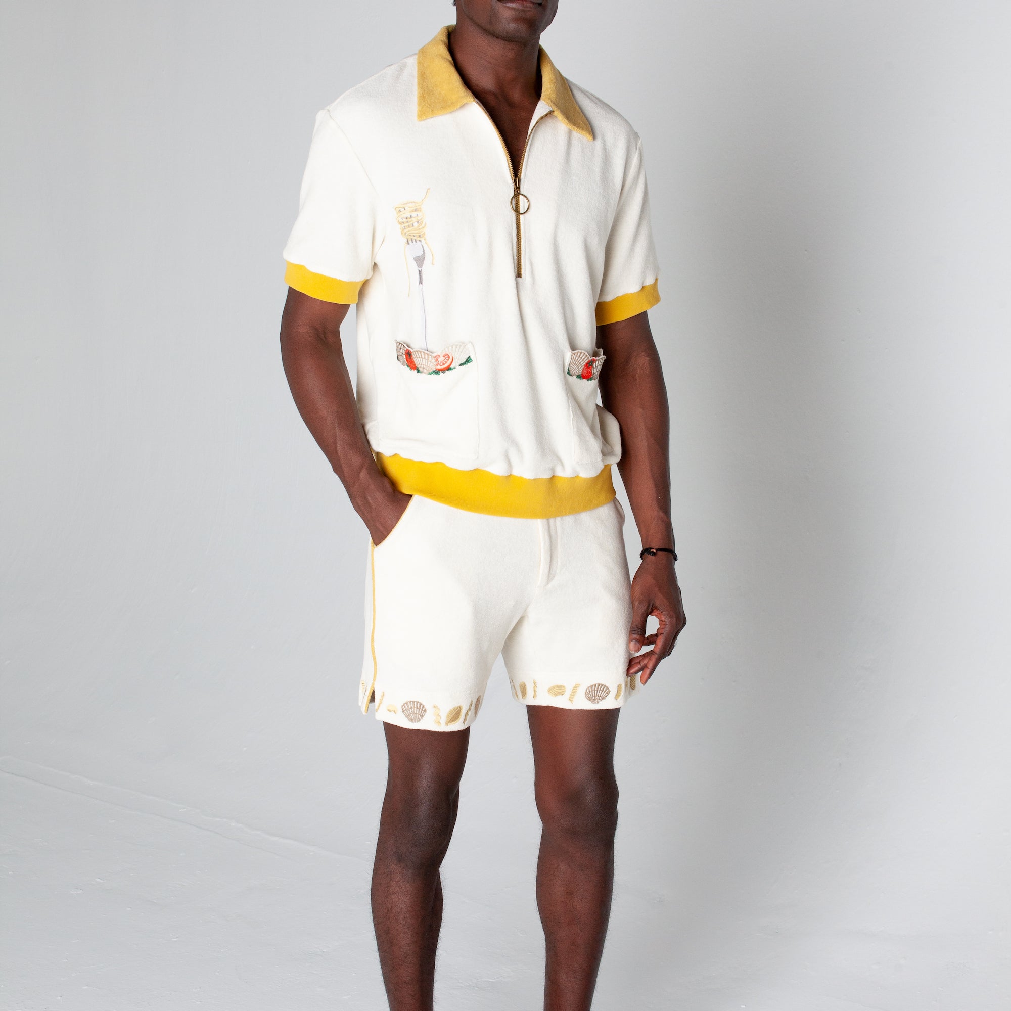 Dine al fresco in a Terry cloth shirt with all the ingredients you need for spaghetti alle vongole, part of a matching set with 'Vongole' Cabana Shorts