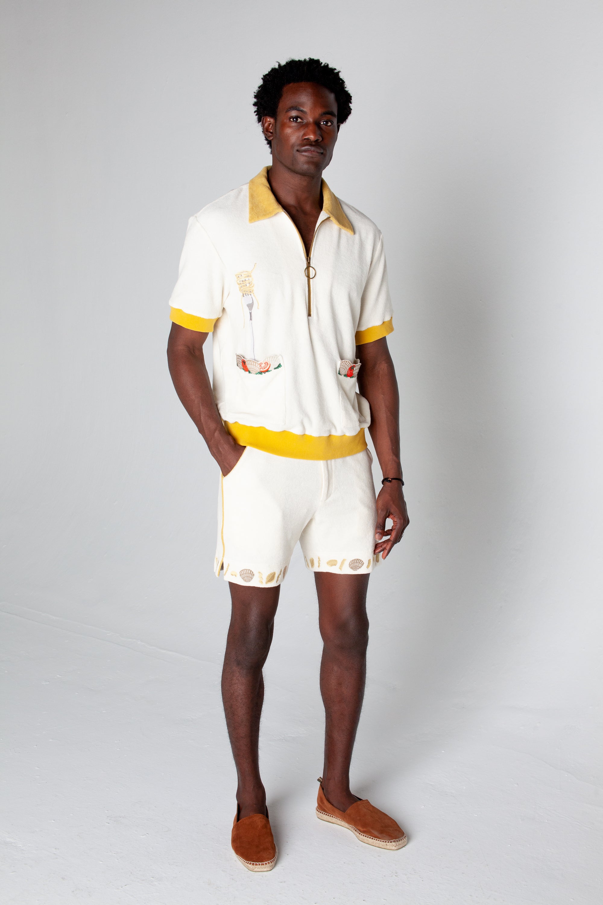 Dine al fresco in a Terry cloth shirt with all the ingredients you need for spaghetti alle vongole, part of a matching set with 'Vongole' Cabana Shorts