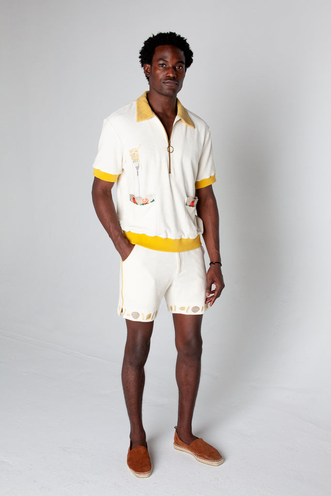 Dine al fresco in a Terry cloth shirt with all the ingredients you need for spaghetti alle vongole, part of a matching set with 'Vongole' Cabana Shorts