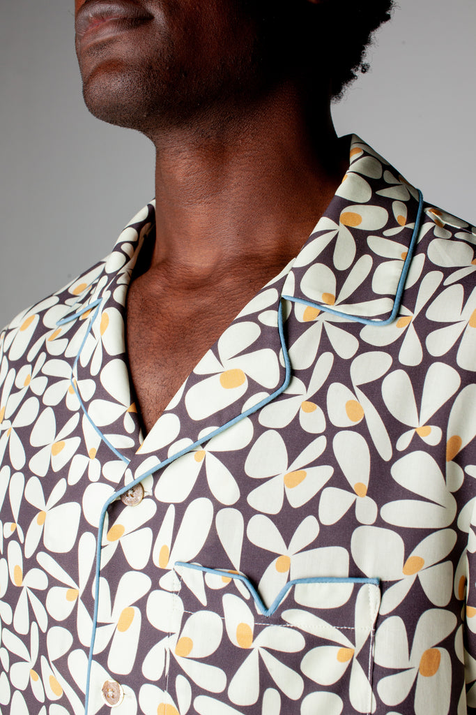Close up of collar of short on male model