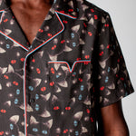 close up view of v pocket on front of shirt